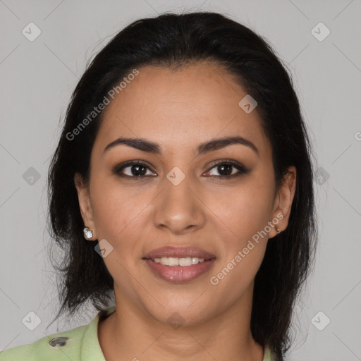 Joyful latino young-adult female with medium  brown hair and brown eyes