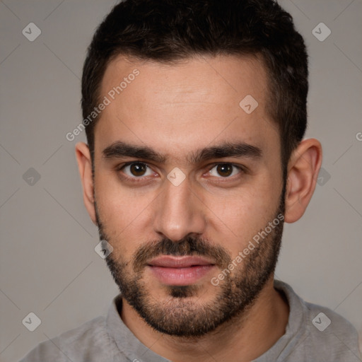 Neutral white young-adult male with short  brown hair and brown eyes