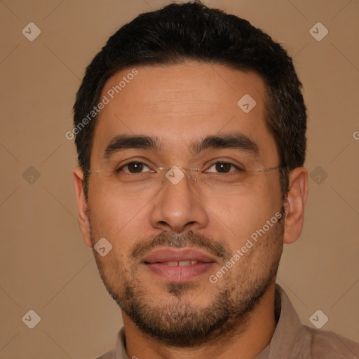 Joyful latino young-adult male with short  black hair and brown eyes