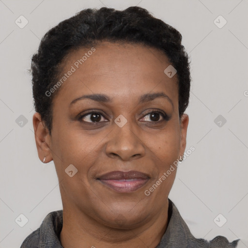 Joyful black adult female with short  brown hair and brown eyes