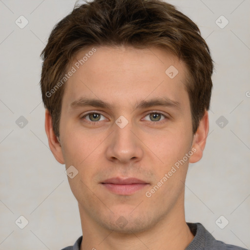 Neutral white young-adult male with short  brown hair and brown eyes