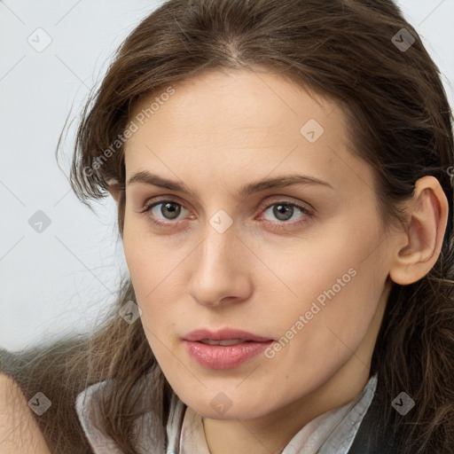 Neutral white young-adult female with medium  brown hair and grey eyes