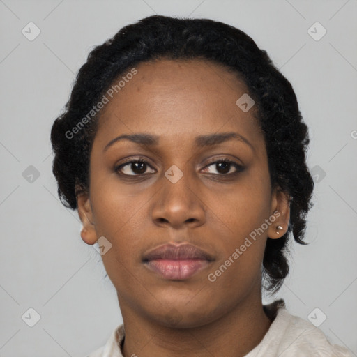 Neutral black young-adult female with short  black hair and brown eyes