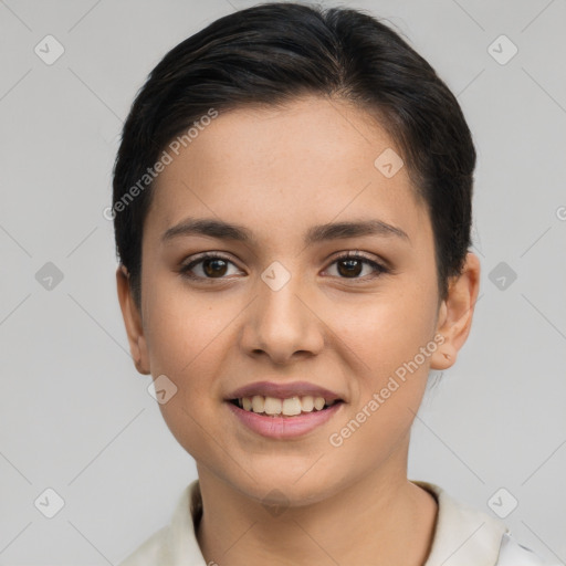 Joyful white young-adult female with short  brown hair and brown eyes