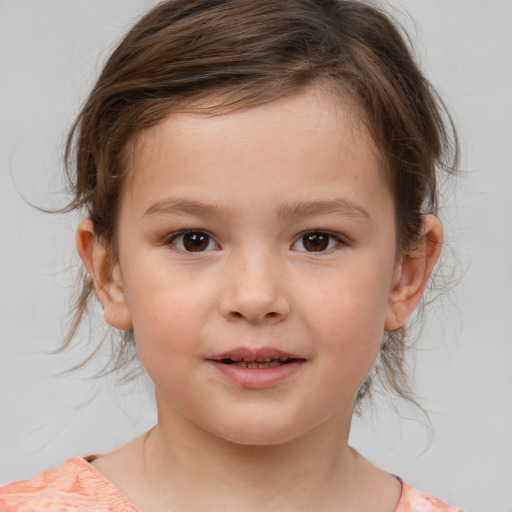 Joyful white child female with medium  brown hair and brown eyes