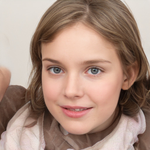 Joyful white child female with medium  brown hair and blue eyes