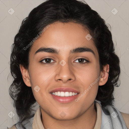 Joyful latino young-adult female with medium  brown hair and brown eyes