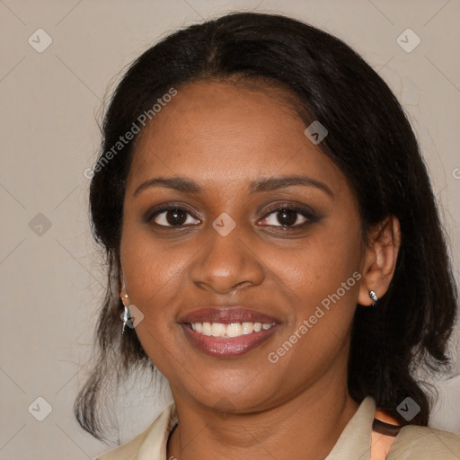 Joyful black young-adult female with medium  brown hair and brown eyes