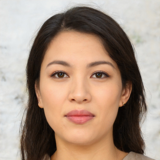 Neutral asian young-adult female with medium  brown hair and brown eyes