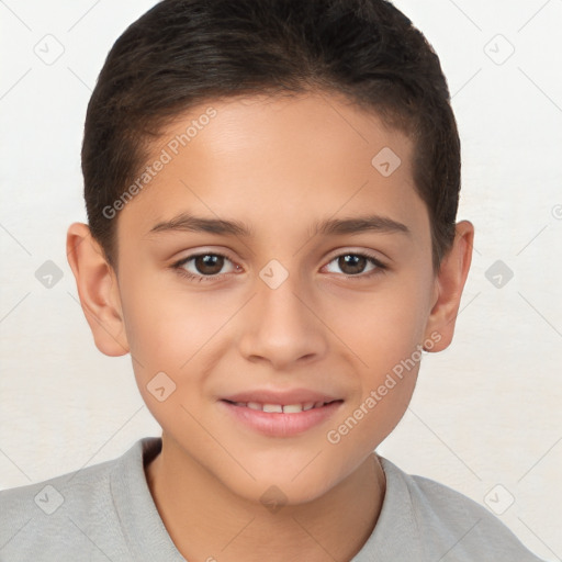 Joyful white child female with short  brown hair and brown eyes