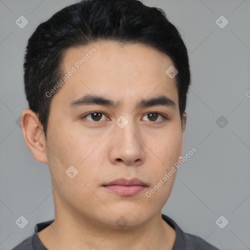 Neutral asian young-adult male with short  black hair and brown eyes