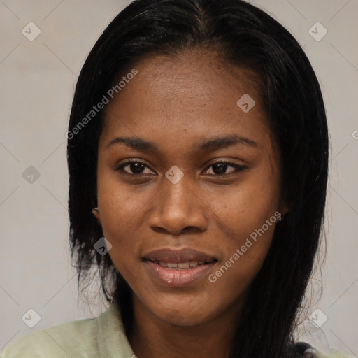 Joyful black young-adult female with medium  black hair and brown eyes