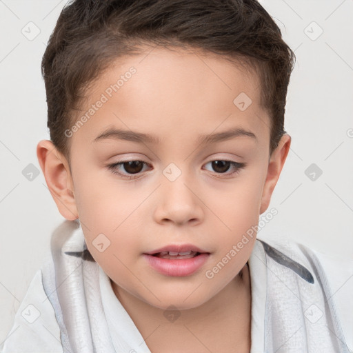 Joyful white child female with short  brown hair and brown eyes