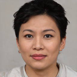 Joyful asian young-adult female with short  brown hair and brown eyes