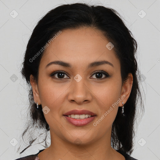 Joyful latino young-adult female with medium  brown hair and brown eyes