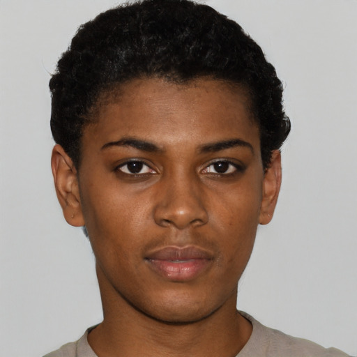 Neutral black young-adult female with short  black hair and brown eyes