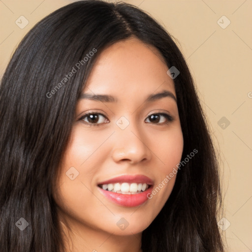 Joyful latino young-adult female with long  brown hair and brown eyes