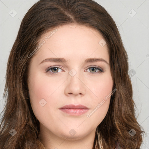 Neutral white young-adult female with long  brown hair and brown eyes