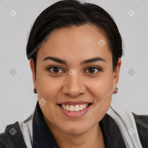 Joyful white young-adult female with medium  brown hair and brown eyes