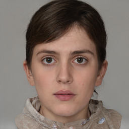 Neutral white young-adult female with short  brown hair and grey eyes