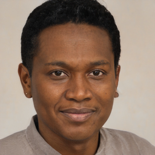 Joyful black young-adult male with short  brown hair and brown eyes