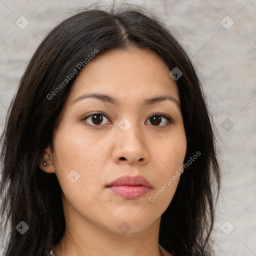 Neutral white young-adult female with long  brown hair and brown eyes