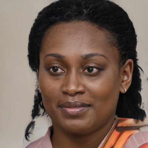 Joyful black young-adult female with medium  black hair and brown eyes