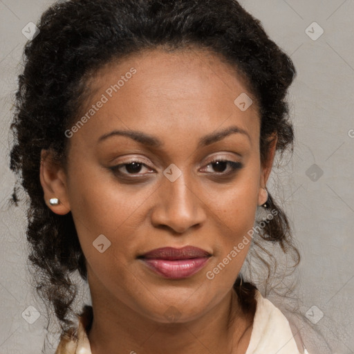 Joyful black young-adult female with medium  brown hair and brown eyes