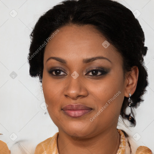 Joyful black young-adult female with medium  brown hair and brown eyes