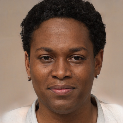 Joyful black young-adult male with short  brown hair and brown eyes