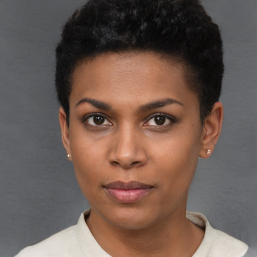 Neutral black young-adult female with short  black hair and brown eyes