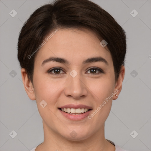 Joyful white young-adult female with short  brown hair and brown eyes