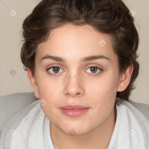 Neutral white young-adult female with medium  brown hair and brown eyes