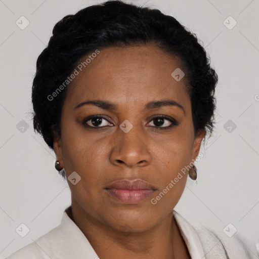 Neutral black young-adult female with short  black hair and brown eyes