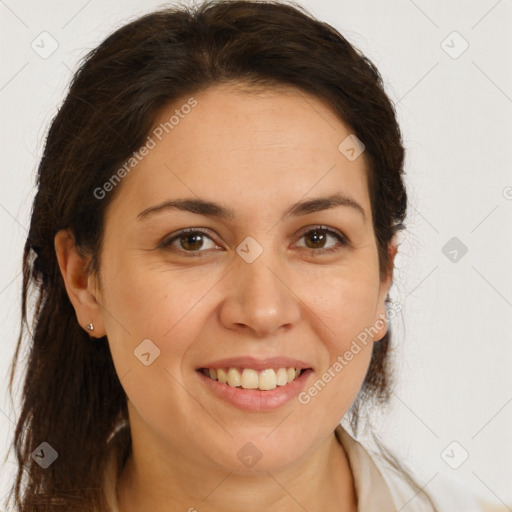 Joyful white young-adult female with long  brown hair and brown eyes