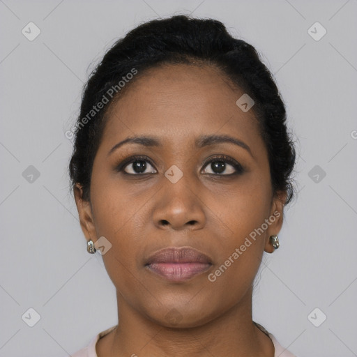Neutral black young-adult female with short  black hair and brown eyes