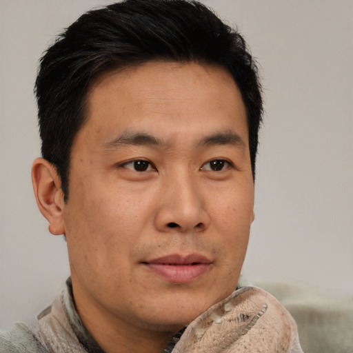 Neutral asian young-adult male with short  brown hair and brown eyes