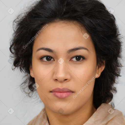 Neutral latino young-adult female with medium  brown hair and brown eyes