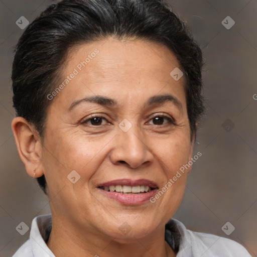 Joyful white adult female with short  brown hair and brown eyes