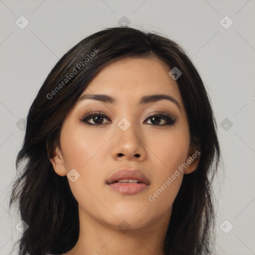 Neutral asian young-adult female with long  black hair and brown eyes