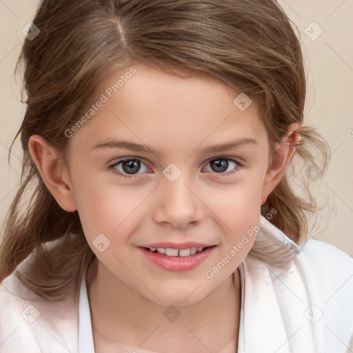 Joyful white child female with medium  brown hair and brown eyes