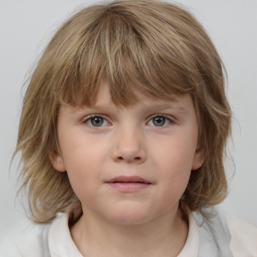 Neutral white child female with medium  brown hair and blue eyes