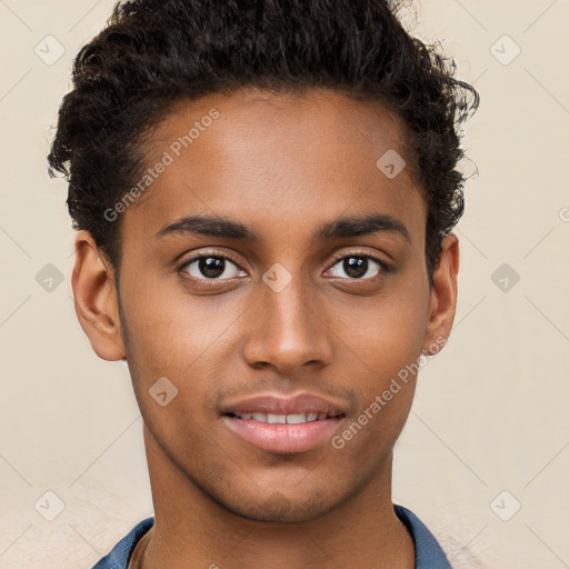 Joyful black young-adult male with short  brown hair and brown eyes