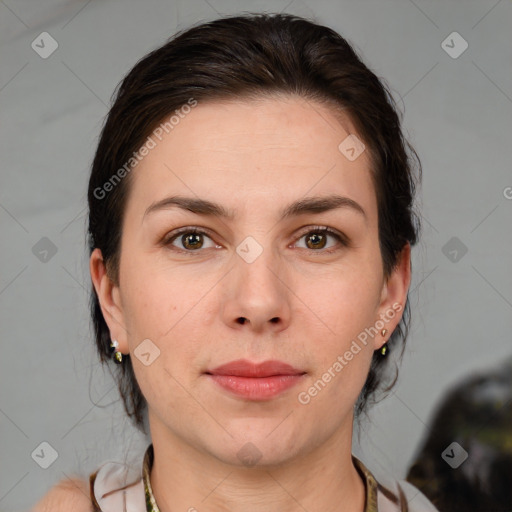 Joyful white young-adult female with medium  brown hair and grey eyes