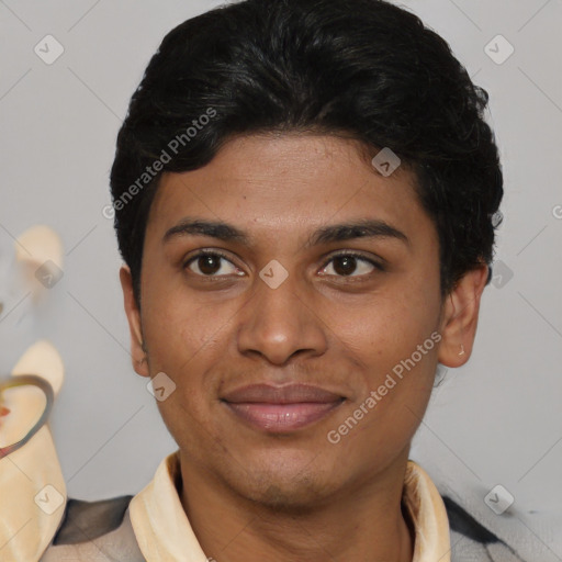 Joyful asian young-adult male with short  brown hair and brown eyes