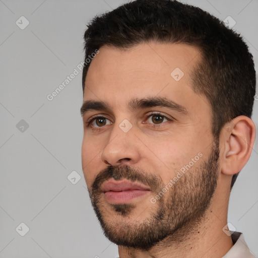 Neutral white young-adult male with short  brown hair and brown eyes