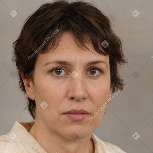 Neutral white adult female with medium  brown hair and brown eyes