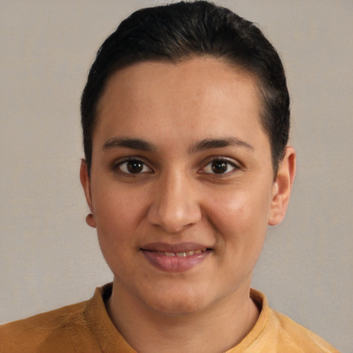 Joyful white young-adult female with short  brown hair and brown eyes
