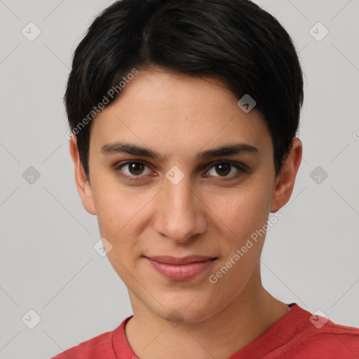 Joyful white young-adult female with short  brown hair and brown eyes