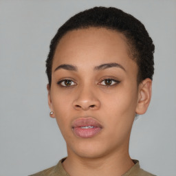 Neutral black young-adult female with short  black hair and brown eyes